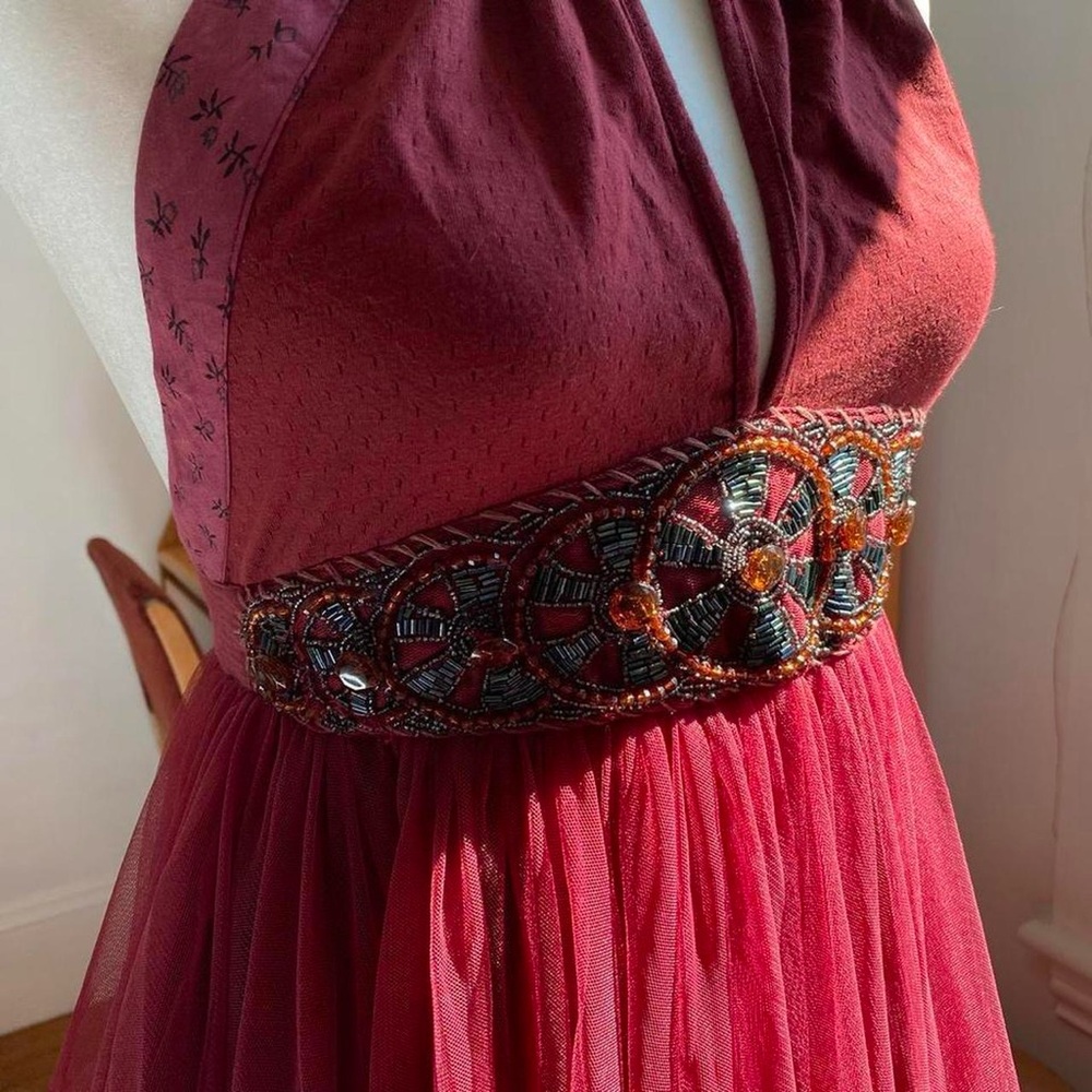 Free People Dark Pink Boho Backless Mini Tulle Dress with Beaded Waist
